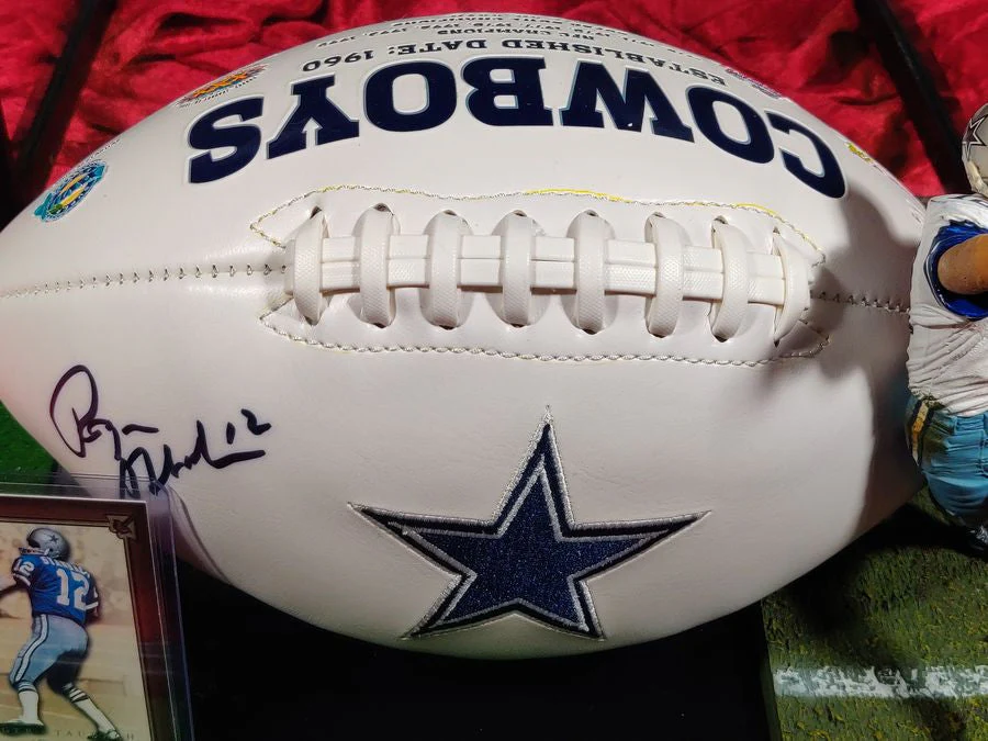 Roger Staubach Dallas Cowboys Autographed Football Shadowbox with Card & Figure - Image 6