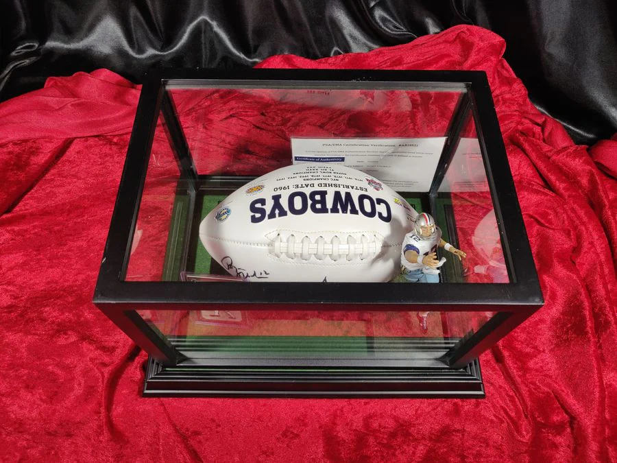 Roger Staubach Dallas Cowboys Autographed Football Shadowbox with Card & Figure - Image 8