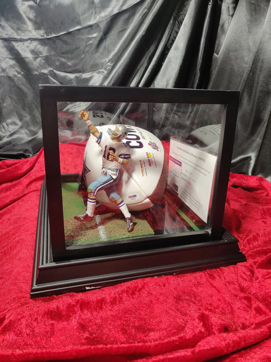 Roger Staubach Dallas Cowboys Autographed Football Shadowbox with Card & Figure - Image 9