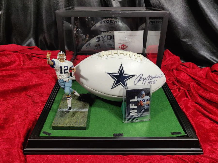 Roger Staubach Dallas Cowboys Autographed Football Shadowbox with Card + Figure - Image 2