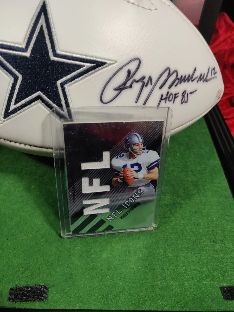 Roger Staubach Dallas Cowboys Autographed Football Shadowbox with Card + Figure - Image 4