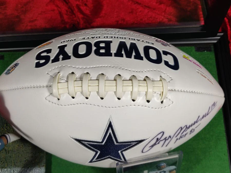 Roger Staubach Dallas Cowboys Autographed Football Shadowbox with Card + Figure - Image 6
