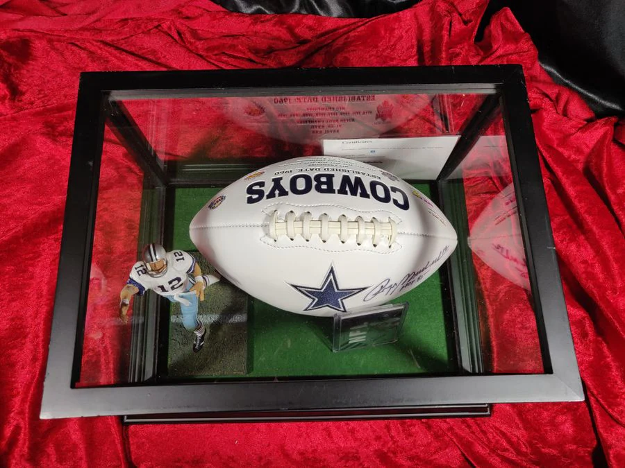 Roger Staubach Dallas Cowboys Autographed Football Shadowbox with Card + Figure - Image 8