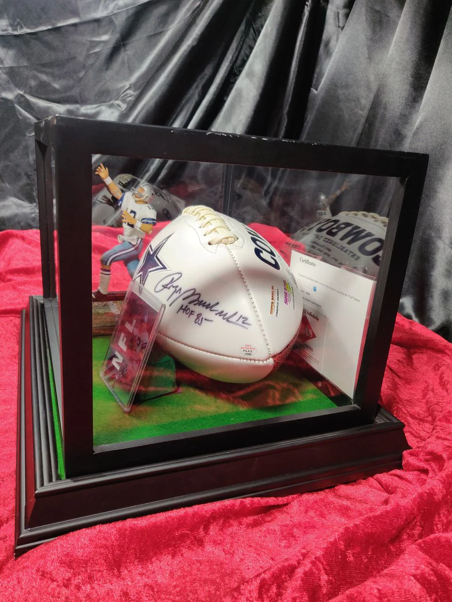 Roger Staubach Dallas Cowboys Autographed Football Shadowbox with Card + Figure - Image 9