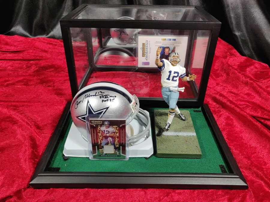 Roger Staubach Dallas Cowboys Autographed Mini Helmet SB M.V.P & H.O.F Shadowbox w/ Card + Figure - Image 6