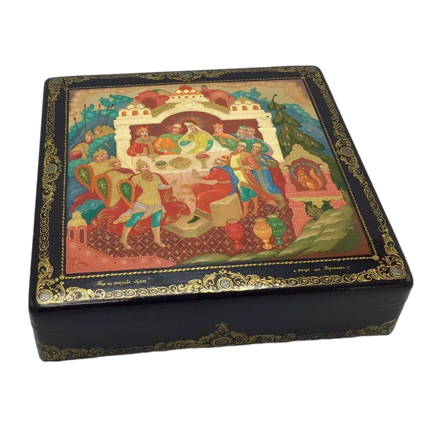 Russian Lacquered and Painted Papier-Mache Box, Depicting a Scene from the Folk Tale "The Tale of Tsar Saltan" - Feast on Buyan Island - Image 5