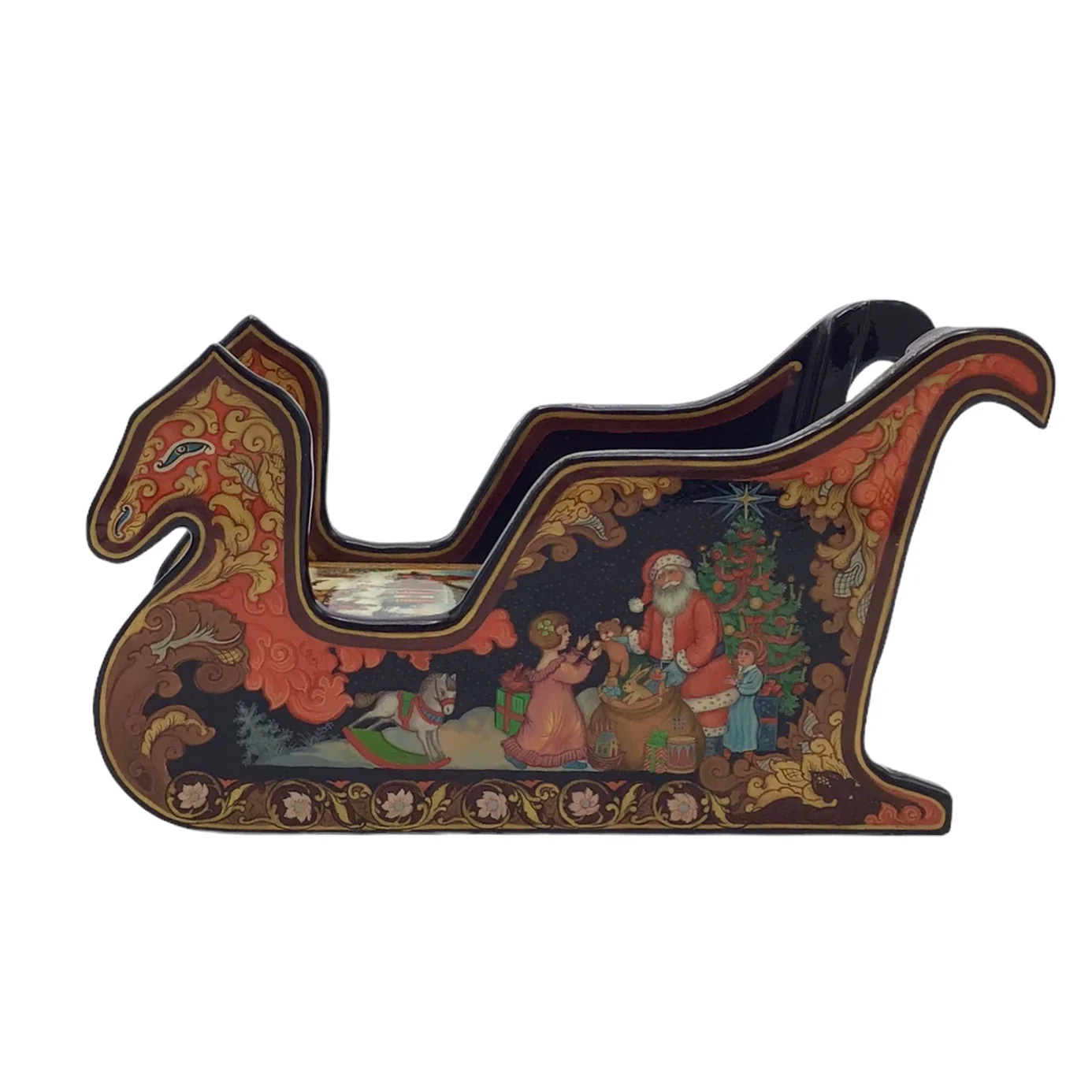 Russian Lacquered and Painted Papier-Mache Fairy Tale Sleigh-Form Box Dated 2000 - Image 4