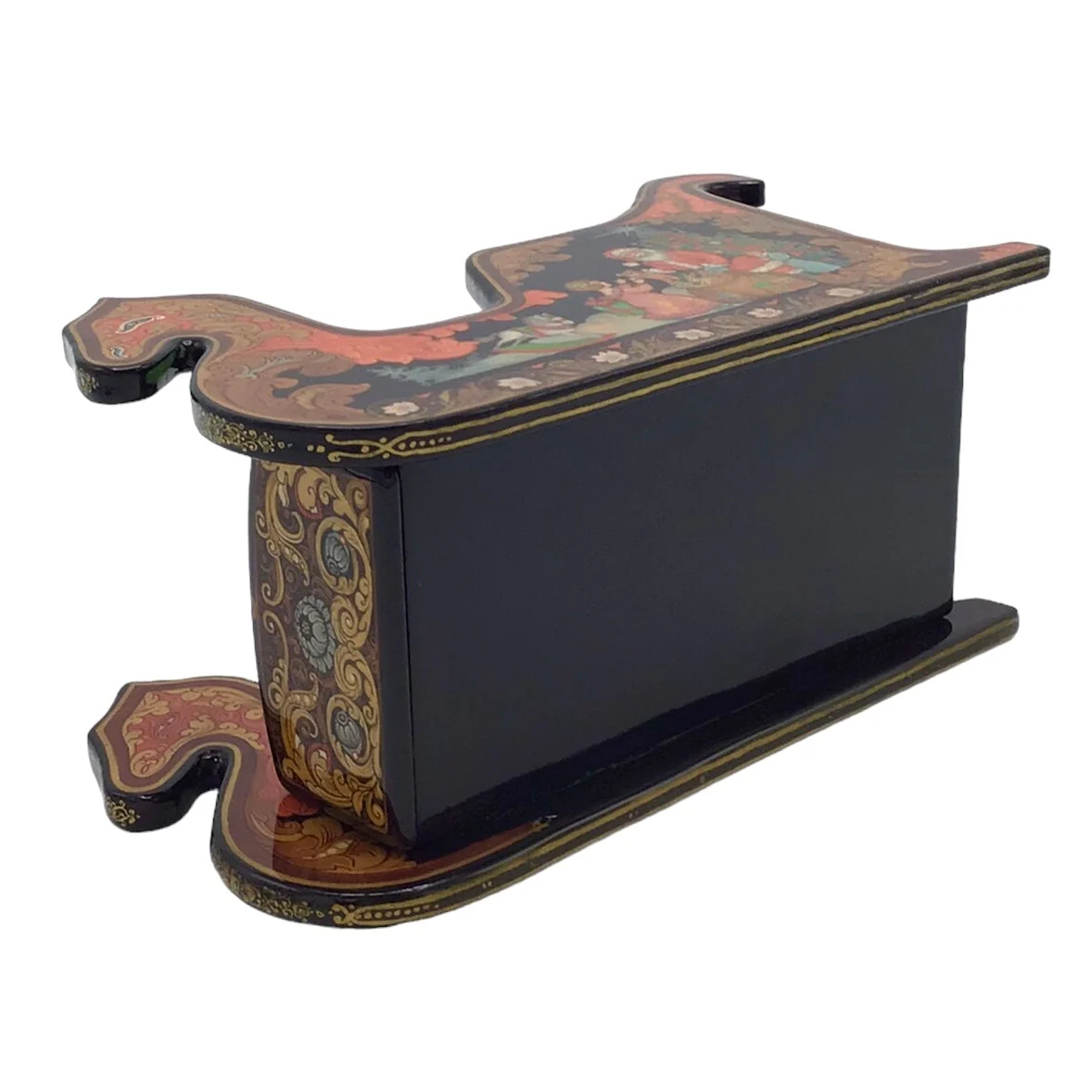 Russian Lacquered and Painted Papier-Mache Fairy Tale Sleigh-Form Box Dated 2000 - Image 7