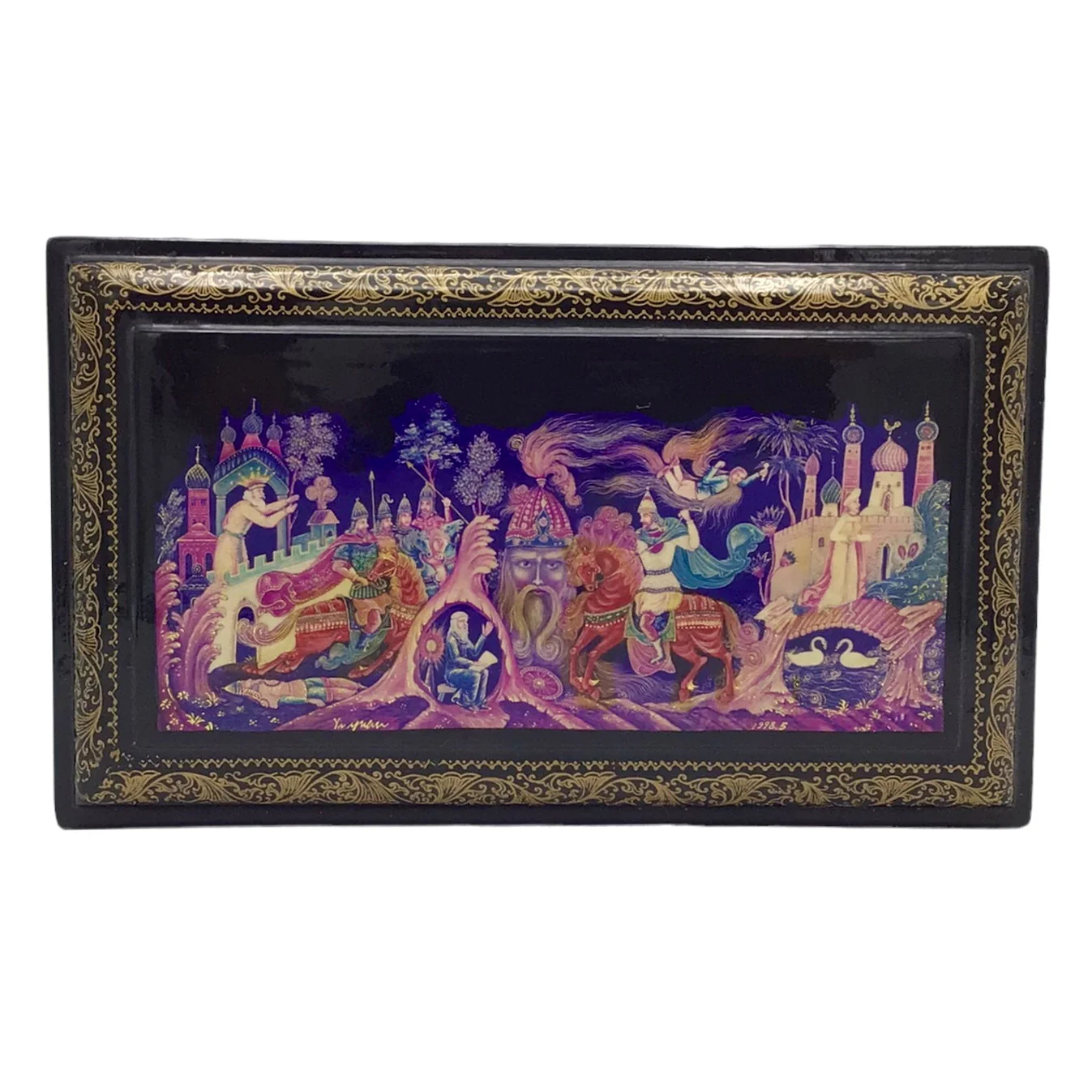 Russian Lacquered and Painted Papier-Mache Fairy Tale Table Box Artist Signed Dated 1998 - Image 2