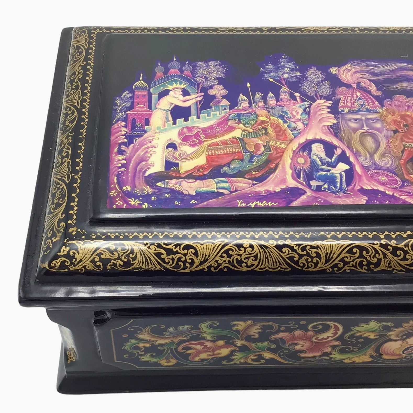 Russian Lacquered and Painted Papier-Mache Fairy Tale Table Box Artist Signed Dated 1998 - Image 8