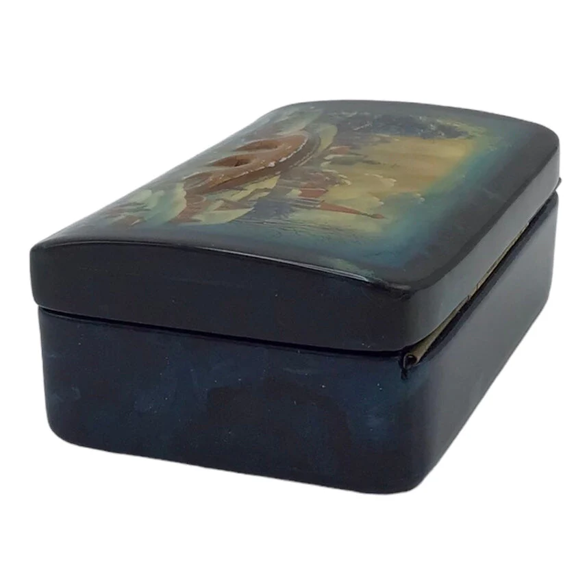 Russian Lacquered Papier-Mache Box with Lid with Painted Scenes Over Shell Inlay, Red Lacquered Interior Artist Signed - Image 4