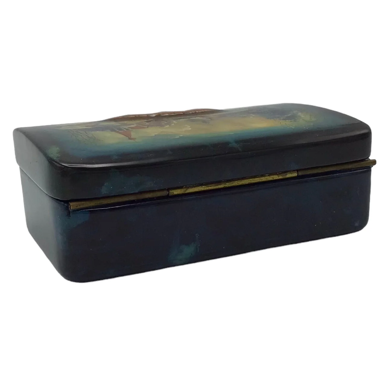 Russian Lacquered Papier-Mache Box with Lid with Painted Scenes Over Shell Inlay, Red Lacquered Interior Artist Signed - Image 5