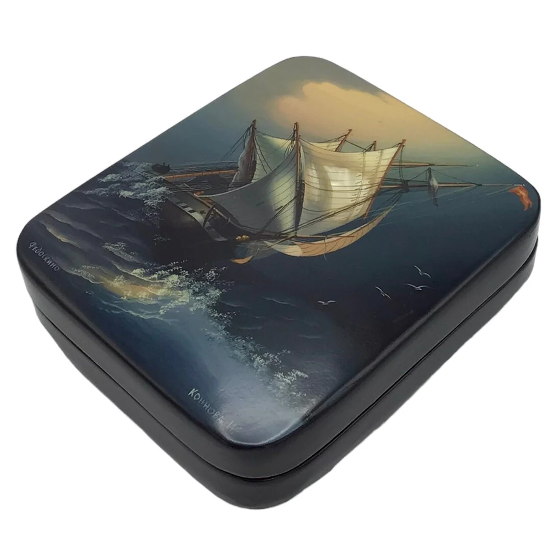 Russian Lacquered Papier-Mache Box with Lid with Painted Scenes Signed Konnova I Fedoskino - Image 3