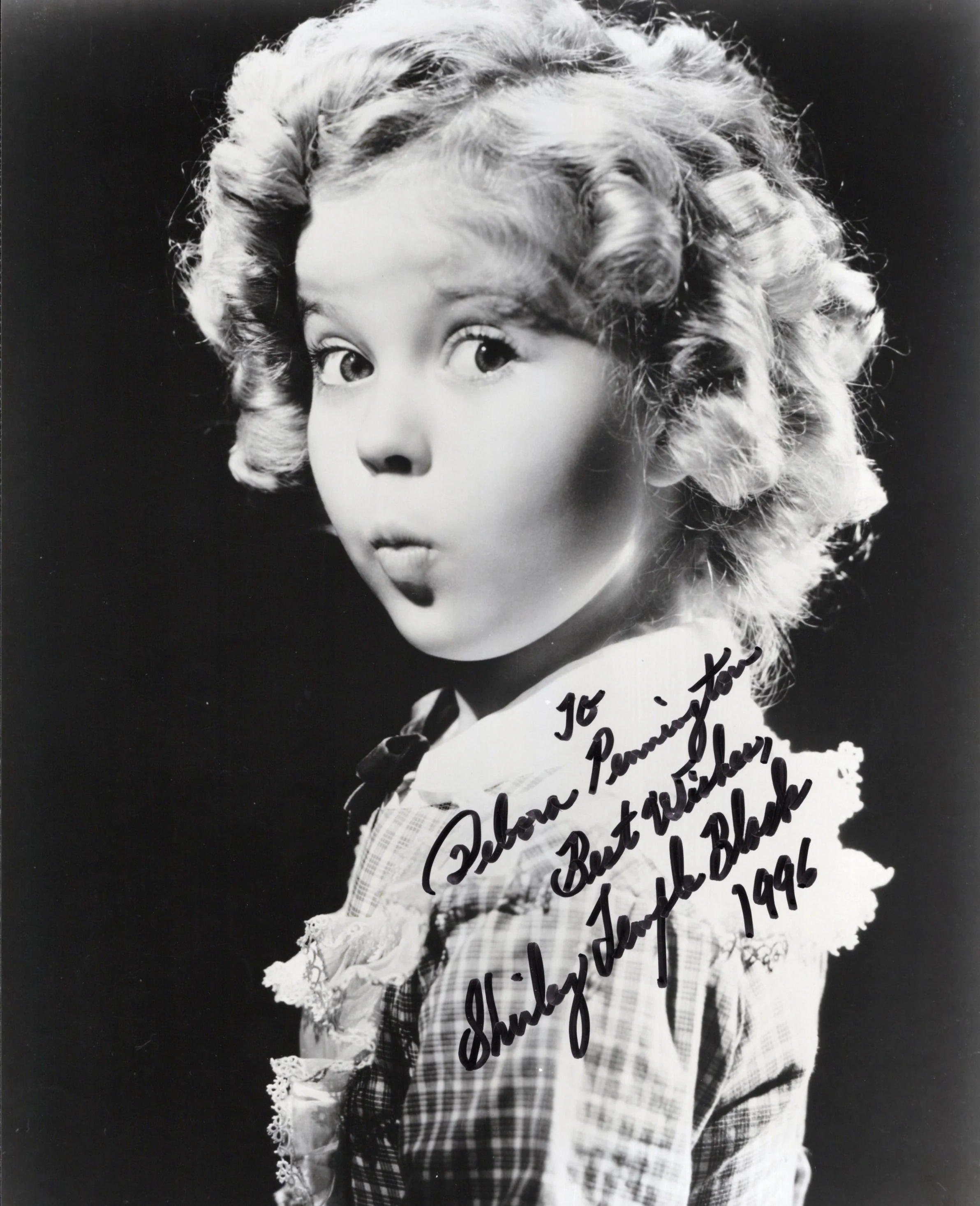 Shirley Temple Signed Photo 8x10 B&W Personalized "To Debora Pennington Best Wishes, 1996", Shirley Temple Black Autograph