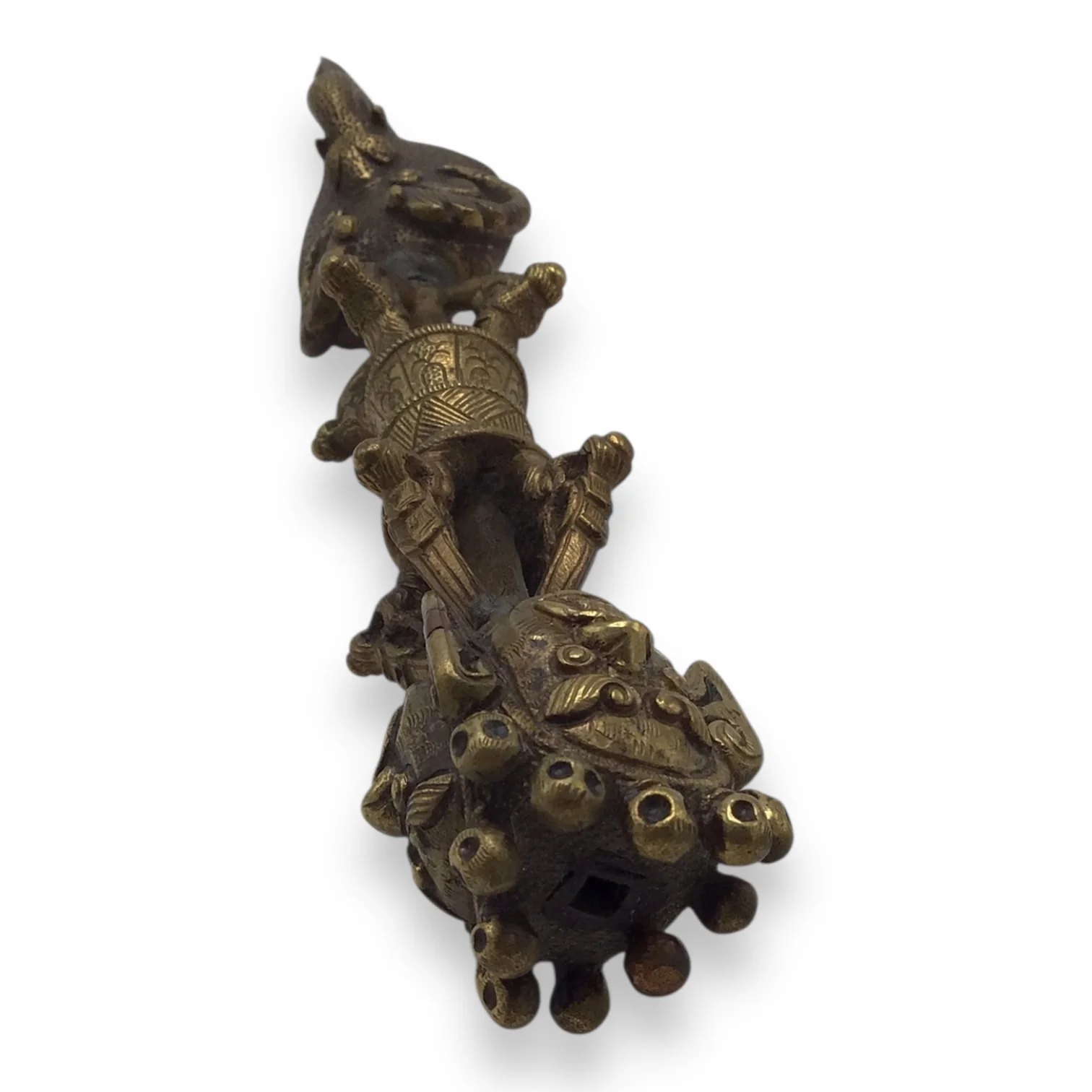 Tibetan Brass Phurba Ritual Dagger with Dharmapala Deities – Triple-Blade Vajra Form - Image 8