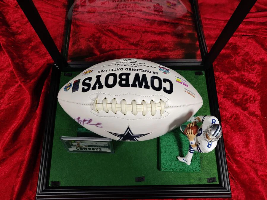 Troy Aikman Dallas Cowboys Autographed Football Shadowbox with Card and Figure - Image 10