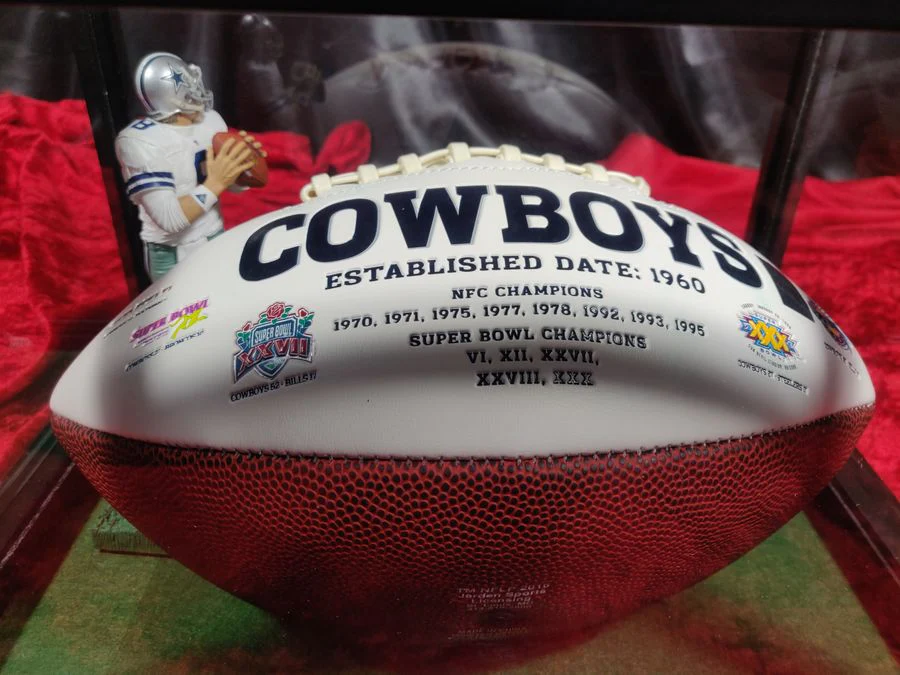 Troy Aikman Dallas Cowboys Autographed Football Shadowbox with Card and Figure - Image 11