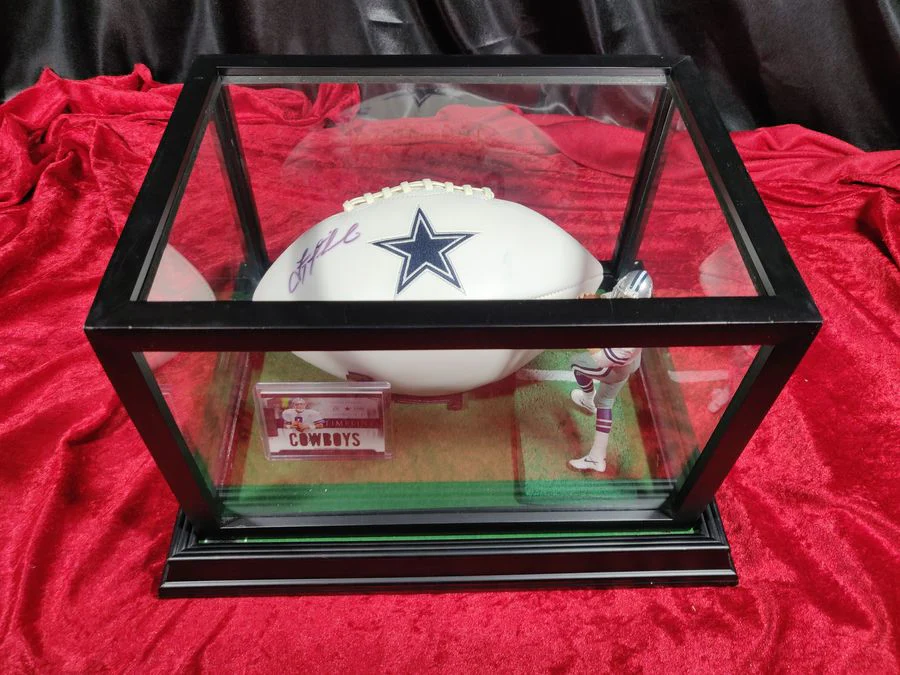 Troy Aikman Dallas Cowboys Autographed Football Shadowbox with Card and Figure - Image 2