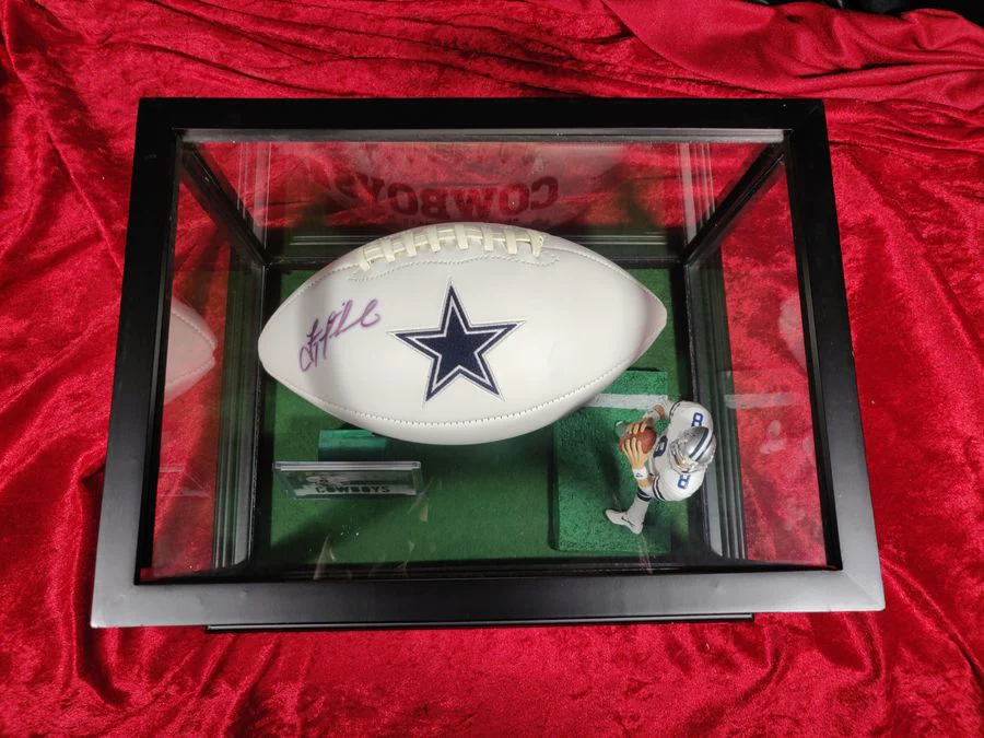 Troy Aikman Dallas Cowboys Autographed Football Shadowbox with Card and Figure - Image 3
