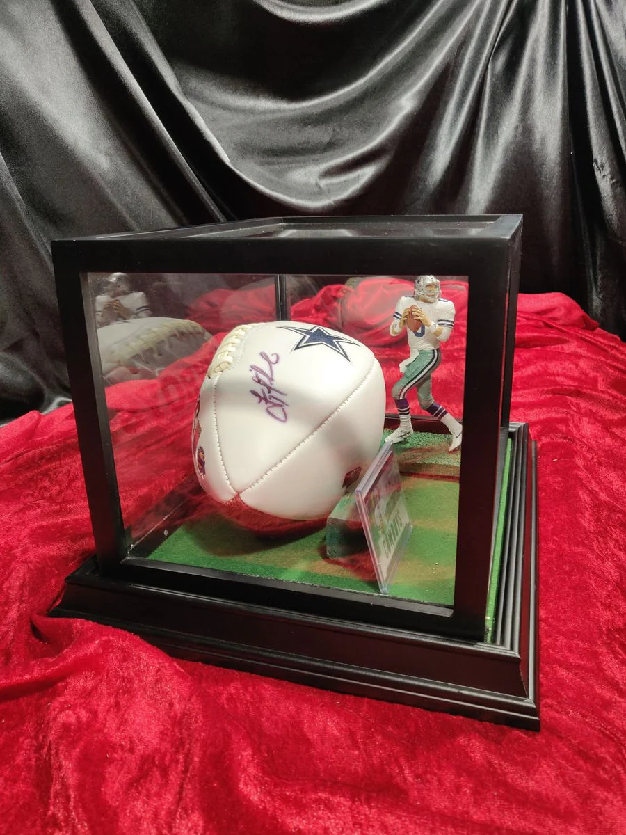 Troy Aikman Dallas Cowboys Autographed Football Shadowbox with Card and Figure - Image 5
